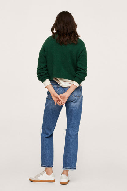 Dark green knit sweater with crew neck, long sleeves (back view)