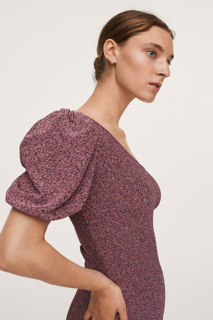 Pink speckled one-shoulder mini dress with gathered short sleeve