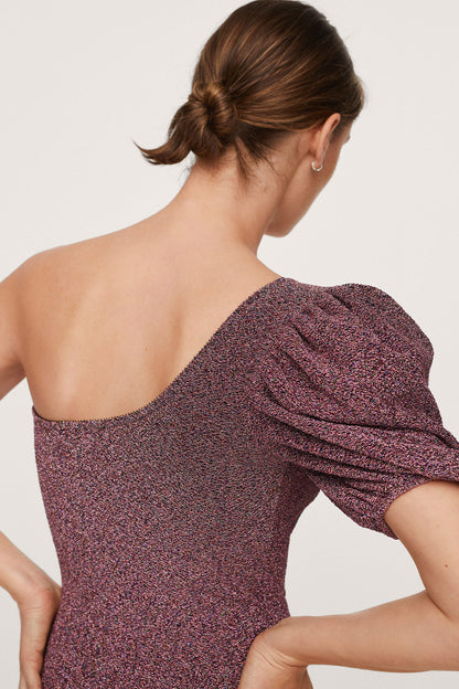 Pink speckled one-shoulder mini dress with ruched back and puff sleeve