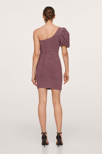 Pink speckled one-shoulder mini dress, back view with draped sleeve