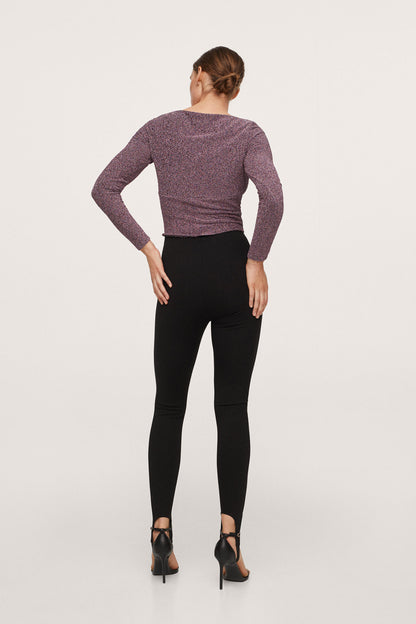 Maroon-pink speckled long-sleeve top, crew neck back, fitted waist