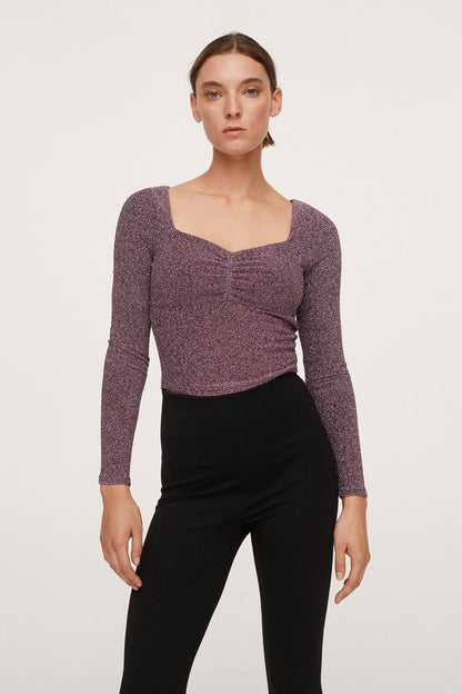 Maroon-pink speckled long-sleeve top with square neckline and stretch fit