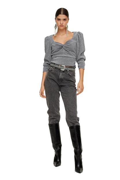 Gray twist-front knit top with dark washed jeans and wide belt
