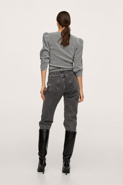 Gray long-sleeve knit top with gathered back and draped waist