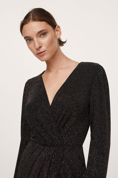 Dark V-neck wrap mini dress with long sleeves and fitted waist