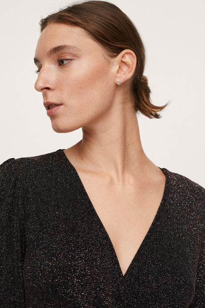 Dark glitter V-neck wrap mini dress detail with long sleeves and fitted waist