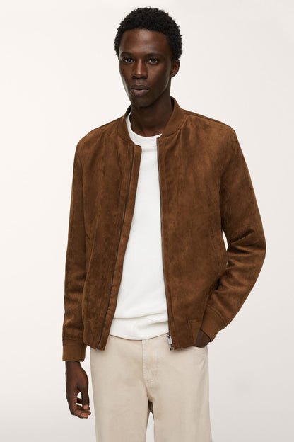 Suede zip-up jacket, brown with stand collar and zip-front