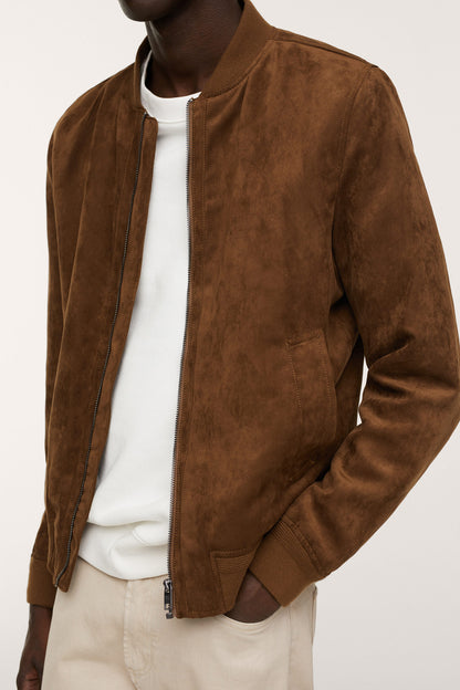 MANGO suede zip-up jacket, brown with stand collar and front zipper