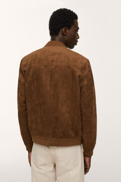 Suede zip-up jacket back view, brown with full back panels