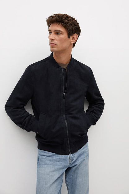 Dark navy zip-up jacket with stand collar, front view