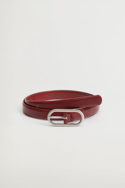 MANGO cherry red belt with silver oval buckle and smooth strap