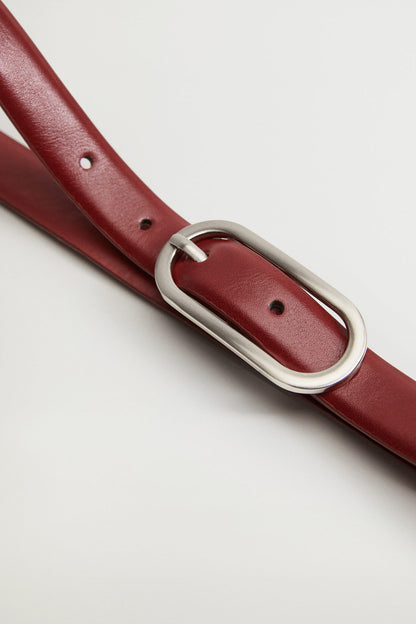 MANGO cherry red leather belt with oval silver buckle and row of adjustment holes