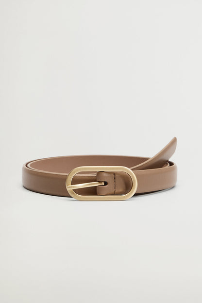 Light pastel brown leather belt with gold oval buckle and single prong