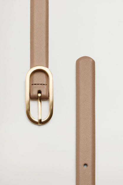 Pastel brown belt end with gold buckle and pin bar, hole detail