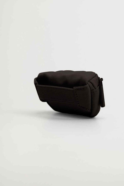 Black crossbody belt bag, side view with zip and adjustable strap