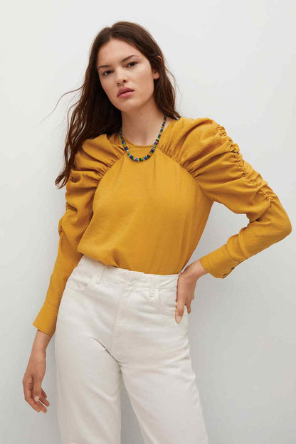 Mustard long-sleeve blouse, gathered shoulders, round neckline