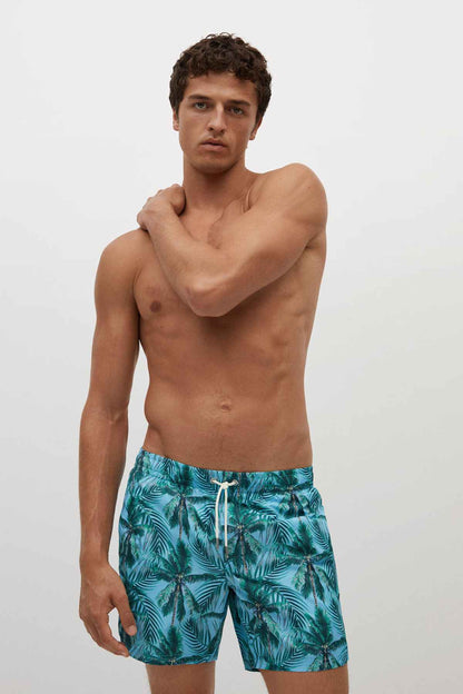Blue palm-print swim shorts with drawstring waist