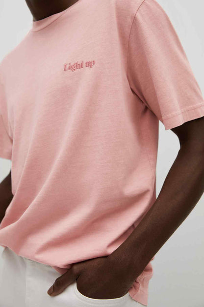 MANGO pastel pink T-shirt with 'Light up' logo near shoulder
