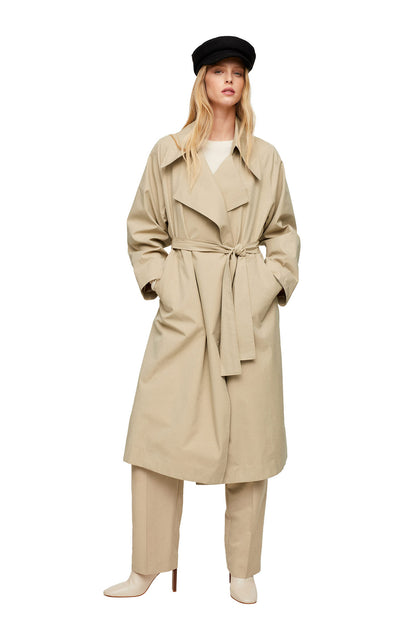 Beige belted trench coat with turn-down collar, long sleeves