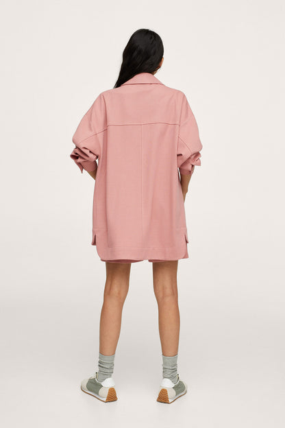 Pink button-up jacket, back view, pointed collar