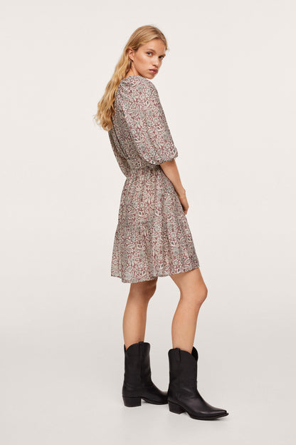 MANGO maroon printed mini dress with V-neck, puff sleeves, and tie belt