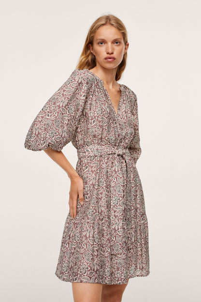 MANGO maroon printed mini dress with V-neck and gathered tie waist