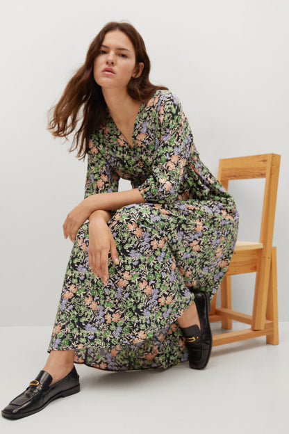 MANGO green floral V-neck midi dress with short sleeves