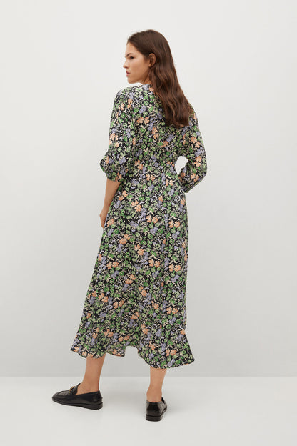 Green floral V-neck midi dress with short sleeves, side view