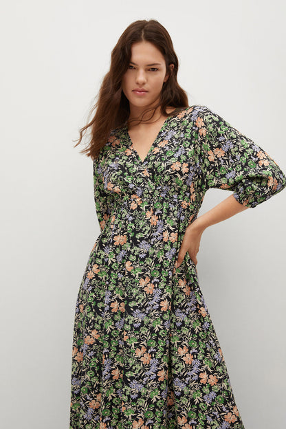 Green floral V-neck midi dress with short sleeves, fitted waist