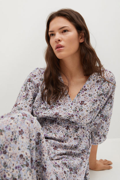 Light pastel purple floral midi dress, V-neck, puff sleeves, cinched waist