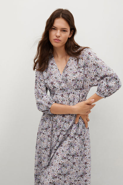 Pastel purple floral midi dress, V-neck, gathered bodice and long puff sleeves