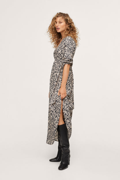 Black floral print maxi dress with V-neck, long sleeves, side slit