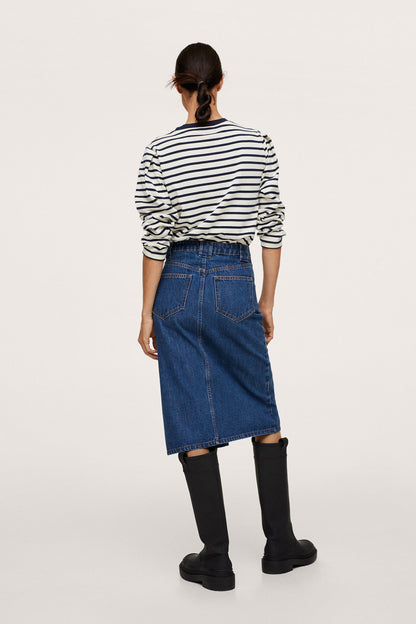 Dark blue denim midi skirt, back view, straight fit with front button closure
