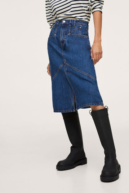 Dark blue denim midi skirt with front seam, patch pockets, and front slit