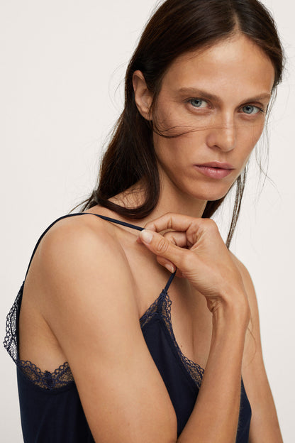 Dark navy camisole tank top with lace-trim shoulder straps and neckline