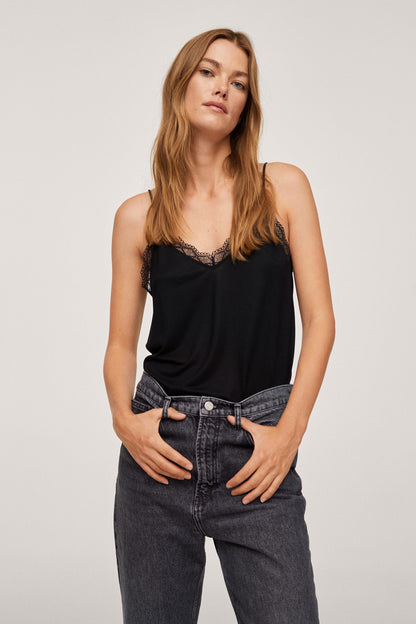 MANGO black lace-trim camisole with V-neck lace edge