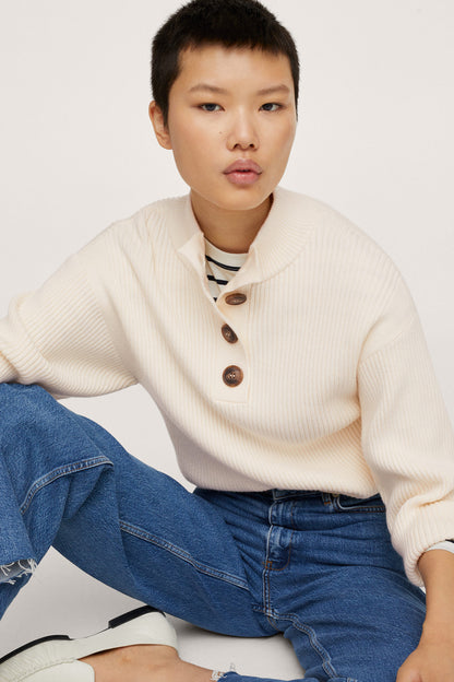 Ecru ribbed knit henley sweater with button placket and stand collar