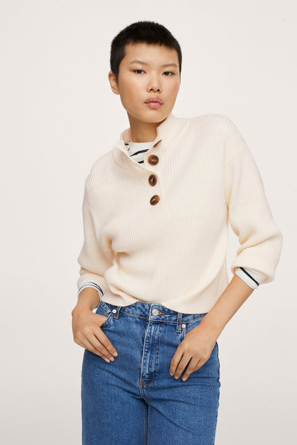 Ecru ribbed knit henley sweater with three-button front and rolled cuffs