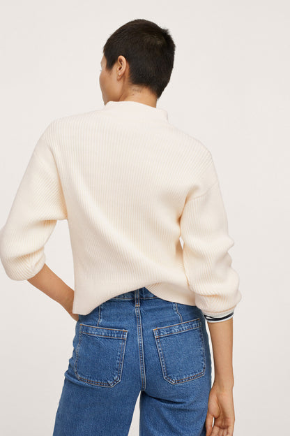 Ecru ribbed knit henley sweater, half sleeves and back view