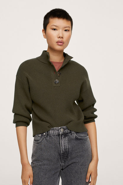 Olive khaki ribbed knit polo sweater with button placket and collar, front view