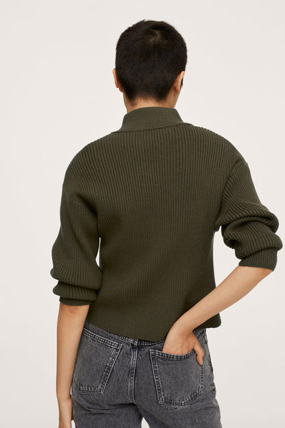 Olive khaki ribbed knit polo sweater, long sleeves, back view