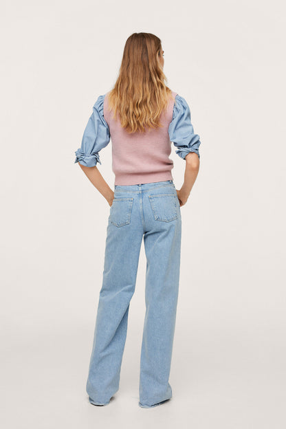 Pastel pink knit sweater with puff sleeves and crew neckline, back view
