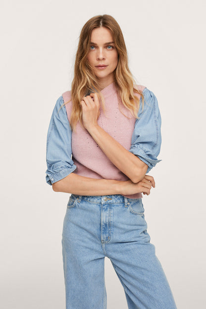 Pastel pink knit sweater with puff sleeves and crew neckline, front view