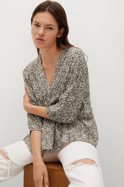 Women's khaki floral print V-neck blouse with three-quarter sleeves