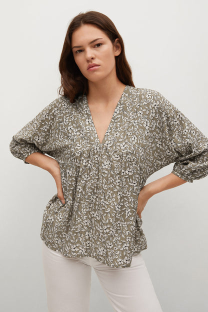 Women's khaki floral print V-neck blouse with gathered waist and long sleeves