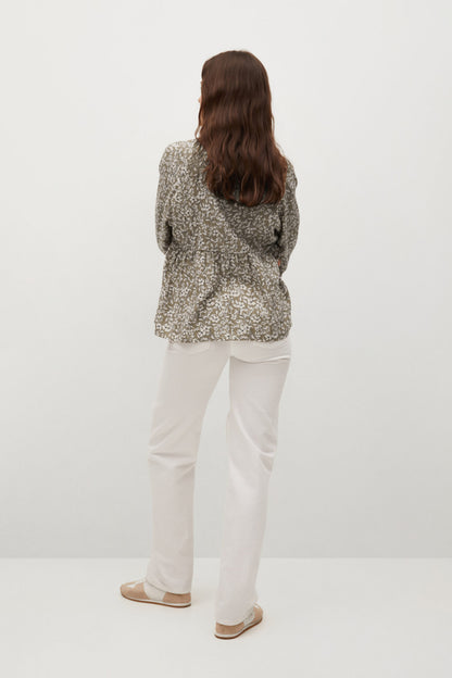 Women's khaki floral print blouse, V-neck, long sleeves, back view
