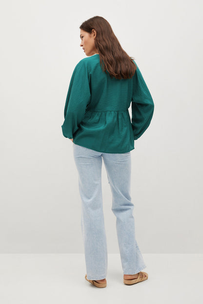 Teal green peasant blouse, gathered waist and long balloon sleeves, back view