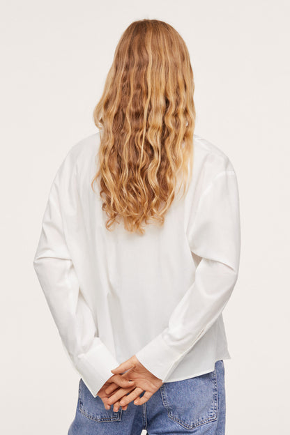 White button-up blouse, long sleeves, back view