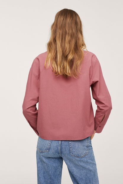 Maroon button-up blouse, back view with long sleeves and gathered cuffs