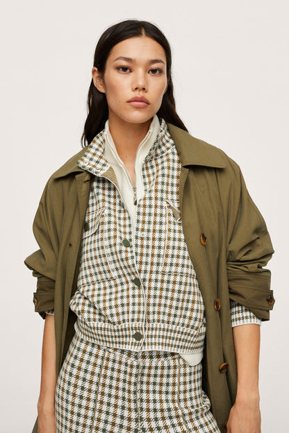 Checkered jacket with stand collar, button front, and belted waist